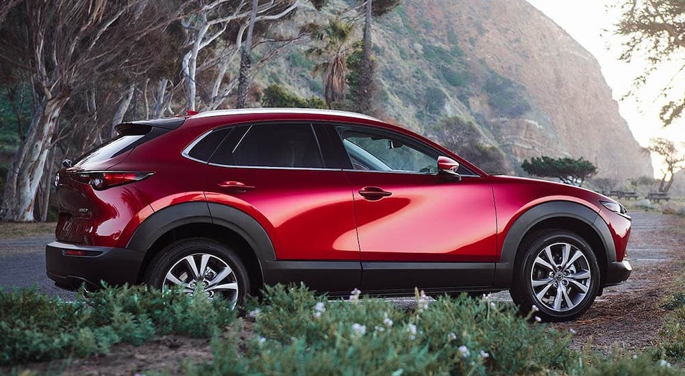 A red 2021 Mazda CX-30 is shown from the side parked on a road.